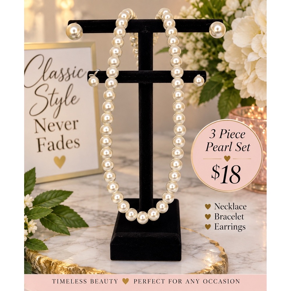 Classic 3 Piece Faux Pearl Jewelry Set Necklace Bracelet Stud Earrings White